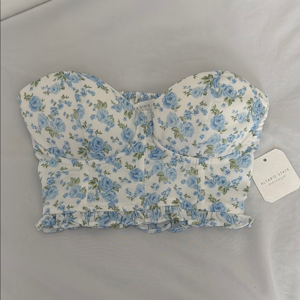 Altar'd State Blue Ruffled Bustier Crop Top